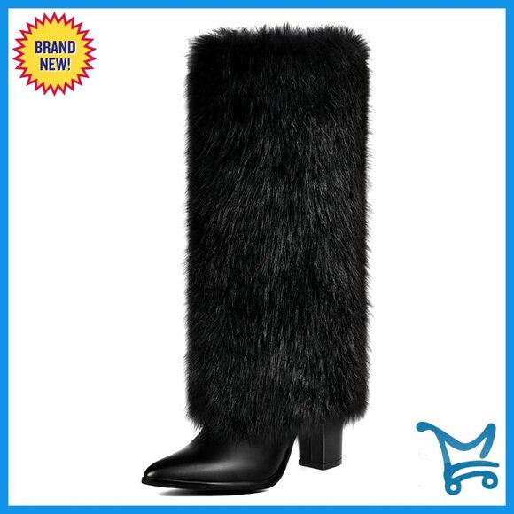 Shoes - Knee High Faux Fur Boots Chunky Heel Wide Calf Winter Snow Boots